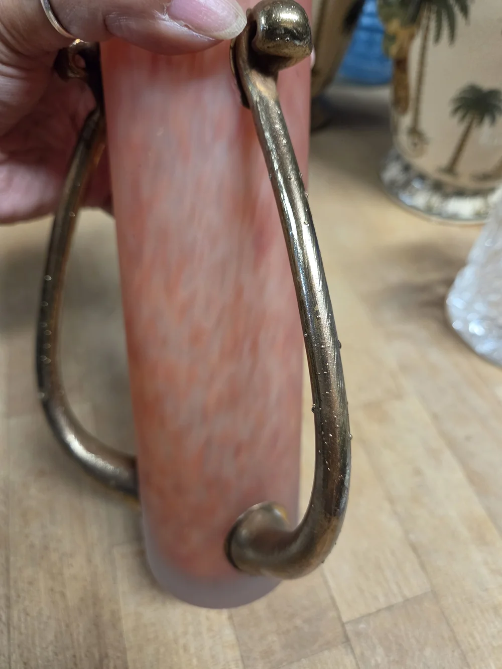 Hand Blown Glass Bud Vase with Brass Handles Romania